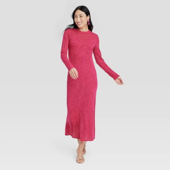 Women's Long Sleeve Maxi Pointelle Dress - A New Day Pink S - Picture 3 of 3